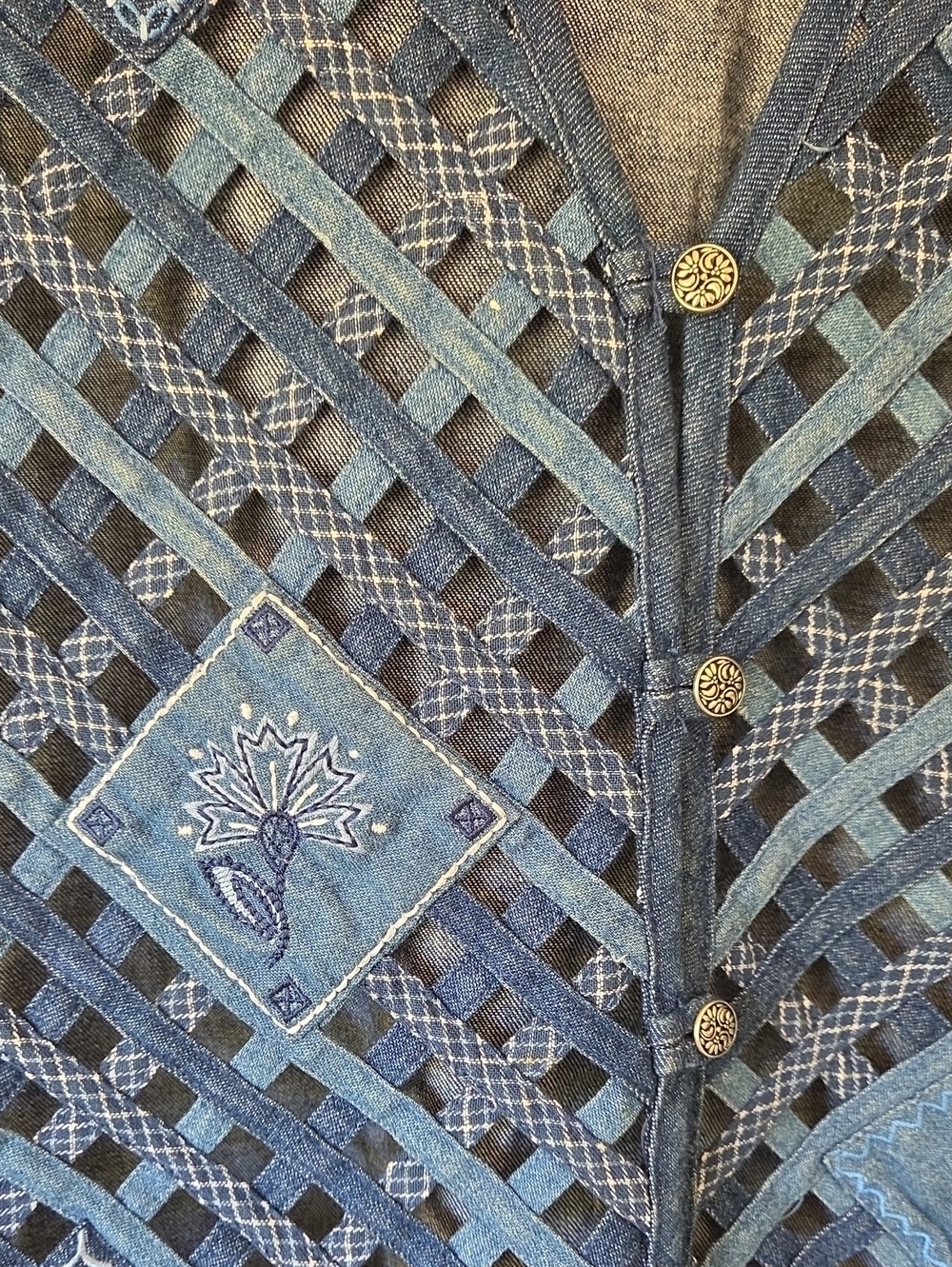 Vintage Denim Lattice Floral Patchwork Vest Size M - Picture 3 of 6